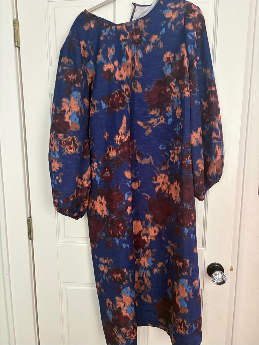 Misook Floral Long Sleeve Shift Dress — Blue with Pink & Burgundy Accents